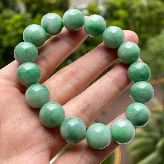 13mm Green Men’s Jade bead bracelet- 100% Natural Type A Burma Jadeite Translucent Green Jade bracelet