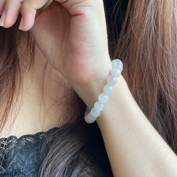 Jade Bead Bracelet Untreated Translucent Fine textured Jade bead- Natural Type A Burma Jadeite Translucent Soft white 8mm beads bracelet