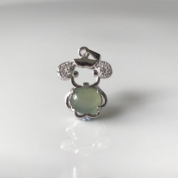 Natural Jade Pendant - Fine Grade A Translucent Natural Burmese Jadeite Cabochon with 925 Silver Zodiac Sheep Pendant Jade Pendant