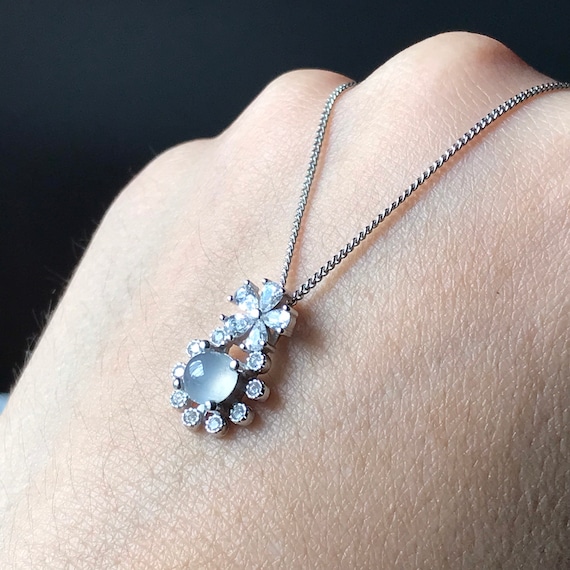 Fine Quality High Translucent Icy Jade Pendant - Near Colorless Grade A Burmese Jadeite Cabochon 925 Silver Zirconia Jade Pendant