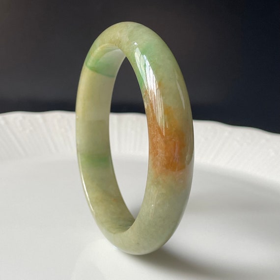 Jade Bangle 58.6mm -  BURMESE JADEITE Untreated Kiwi Skin Green Red Patch Authentic  Grade A Translucent Jade Bangle