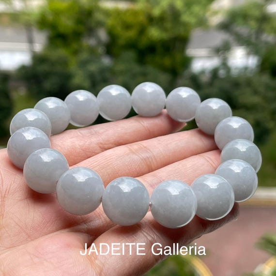 Jade bead bracelet- Natural Type A Burmese Jadeite Rare Hue of Soft Grey Lavender Type A jadeite unisex wearable bracelet 13mm