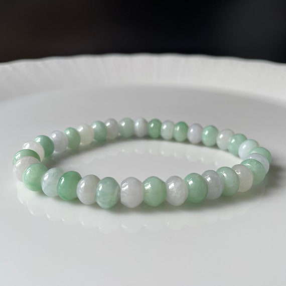 8mm Natural Jade Bead Bracelet - BURMESE Jadeite Type A Translucent Green and White Authentic Burma Jade