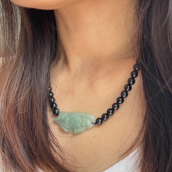 Translucent Beautiful Jadeite Floral Bar Hand knot Black jadeite bead Necklace Authentic Natural Myanmar Genuine Jadeite Jewelry