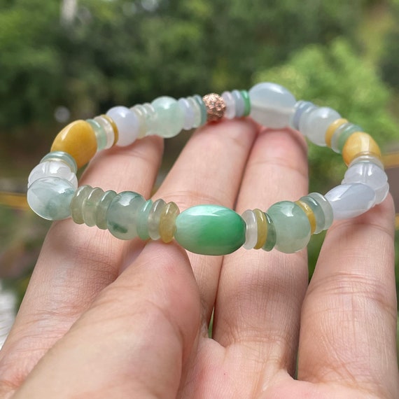Multicolor Jadeite Limited Icon Handmade  Bracelet - Myanmar Authentic Translucent Multicolor MultiShapes Jadeite beads Bracelet