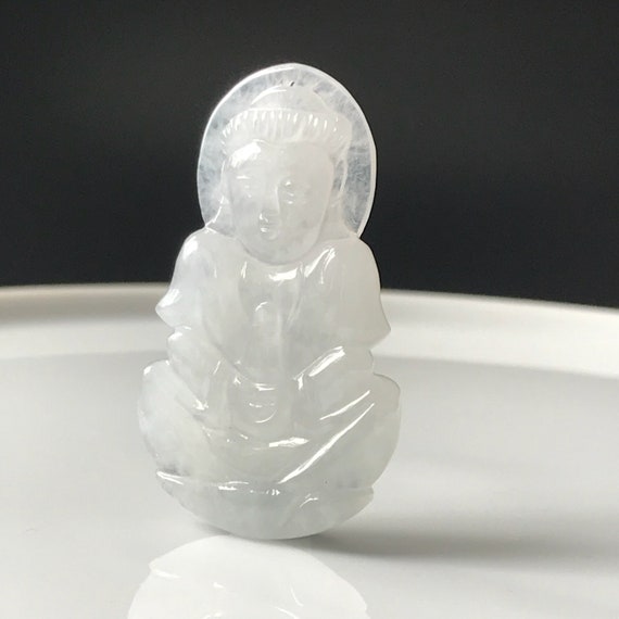 Guan Yin Jade Pendant - Natural Type A Jadeite Jade translucent white Authentic Burmese Jadeite Carving White Jade Kwan Yin Pendant