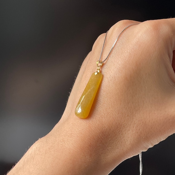 Honey Yellow Jadeite Pendant 18K Gold Bail  - Natural Myanmar Authentic Jadeite Type A Burma Jadeite Grade A Translucent Yellow Jade Pedant