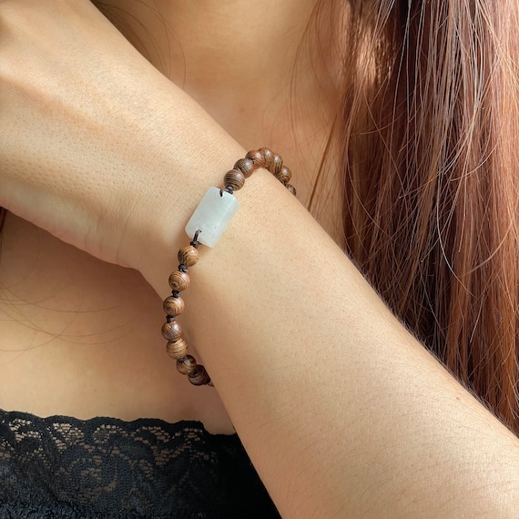 Jade Wood Bracelet (big size and adjustable) Jadeite block & wooden bead - Natural Type A Burma Jadeite Casual Jewelry