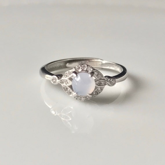 Natural Burmese Jade Adjustable Ring - Natural Type A Icy Faint lilic Jadeite Cabochon with 925 Silver