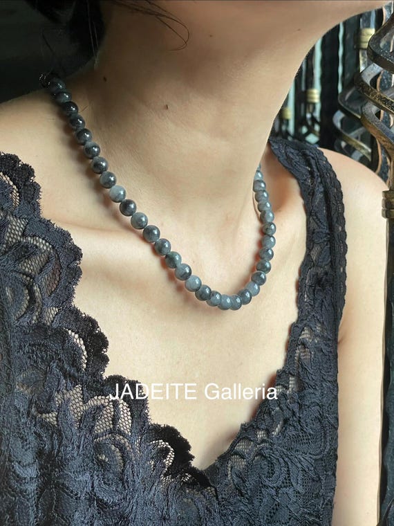 7-8mm Jade Bead Necklace  Authentic Burmese Natural Jadeite Jade Grade A Black Chicken / Ash Grey translucent beads