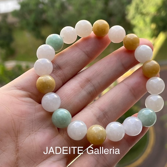 Jade Bead Bracelet - Myanmar Jadeite Authentic Multicolor Translucent Green, Brown and White Jade beads Bracelet Jadeite bracelet