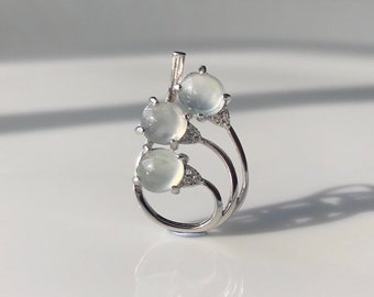 Translucent Fine Jade Cabochon Pendant - Almost colorless Grade A Natural High Translucent Burmese Jadeite with 925 Silver