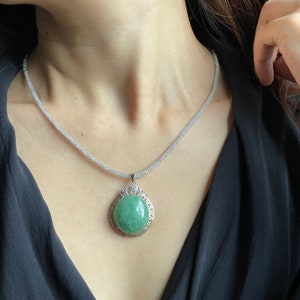 Green Jade Pendant - Authentic Natural Type A Burmese Jadeite Rare Big Cabochon Natural Green Jade 925 Silver Pendant