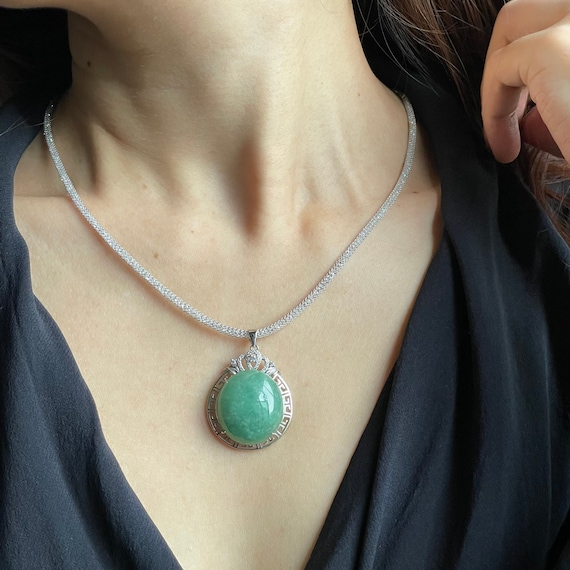 Green Jade Pendant - Authentic Natural Type A Burmese Jadeite Rare Big Cabochon Natural Green Jade 925 Silver Pendant