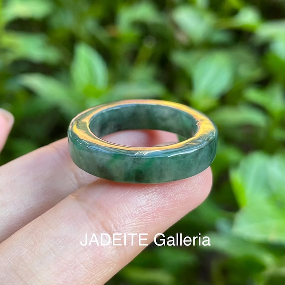 US8 Translucent Jadeite ring Type A BURMESE Jade band Ring Authentic Translucent Black with green hue