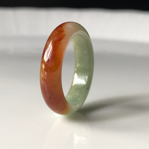 US6 1/4  Natural Jadeite Ring Translucent Green with Rare Honey Red Bicolor Natural Jade Type A band ring Burmese Jade solid ring