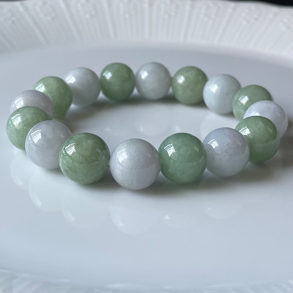 White & Green Jade bead bracelet 13mm- Natural Type A Burma Jadeite Translucent Green and White Myanmar Jade Jewelry