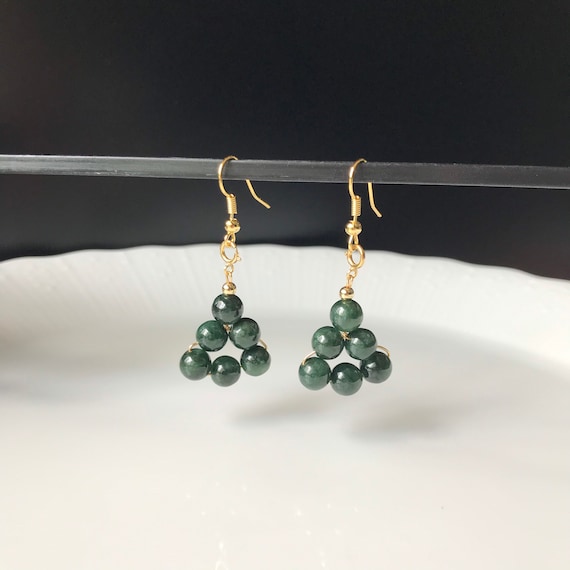 Natural Jade earrings - Grade A Burmese jadeite authentic dense green beads with 14K gold plated earrings hook
