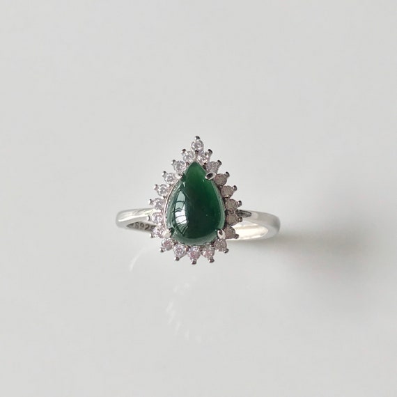 Jadeite Ring - Adjustable Natural Jadeite Silver Ring- Myanmar Type A Translucent Very Dark Green Waterdrop Jade Cabochon Jade Ring