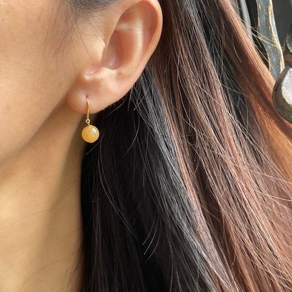 Jade Earrings 18K solid gold - Natural Yellow Jadeite Earrings - Grade A Burmese jadeite authentic yellow Jade bead earrings