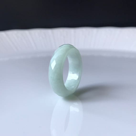 US6.25 Type A Burmese Jadeite Ring: Faceted Band, Milky Green, Untreated Authentic Jade