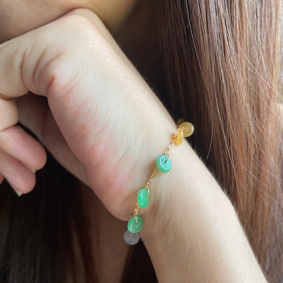 Jade Bracelet Jade Hand chain  Color Natural Jadeite Mini Donuts Bracelet 18K Solid Yellow Gold Bracelet - Myanmar (Burma) Authentic Jadeite