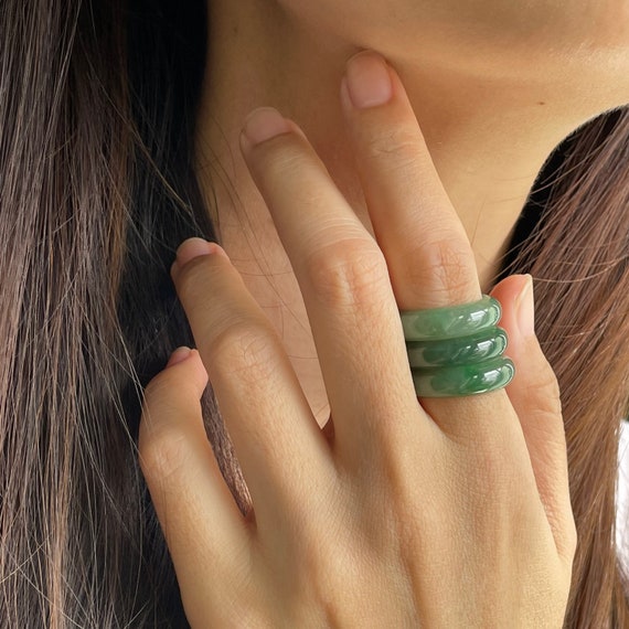 Triple Jade Ring Stack US6.75 ~US7 Ring Set Authentic Burmese Jadeite Jade Natural Grade A Translucent Green Jade Band Rings Bundle