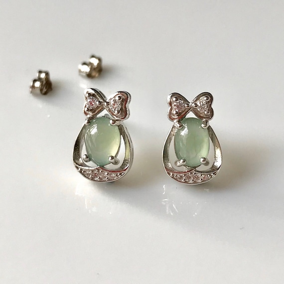 Natural Icy Jadeite Cabochon Grade A Jade Earrings - Authentic MYANMAR Type A jade Faint Green