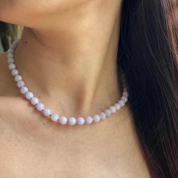 Jade  Bead Necklace 6.8 mm Soft Lilac Authentic Burmese Natural Jadeite Jade Grade A Jade Necklace