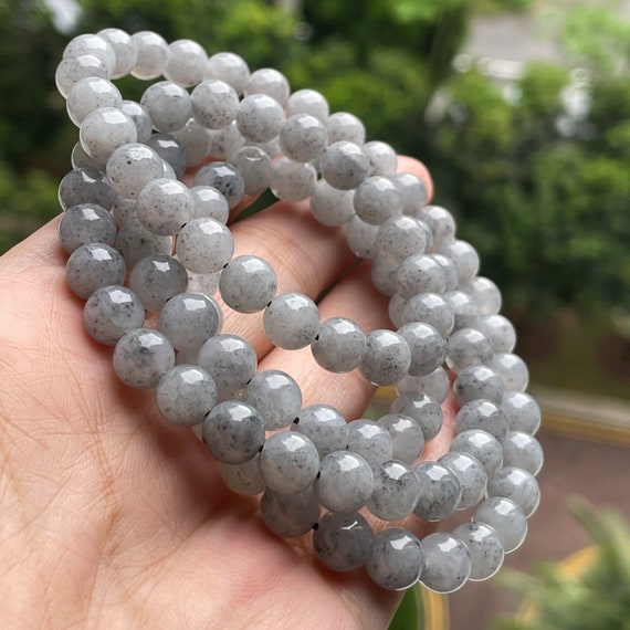 Jade Bead Necklace Genuine Burmese Natural Jadeite Grade A Black Sesame Pattern  / Ash Grey translucent