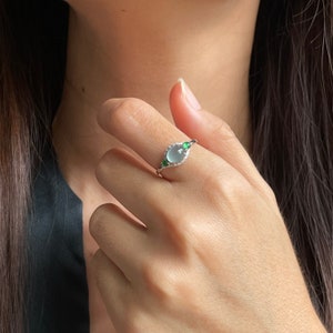 Jade Ring Untreated Jadeite 18K Gold Ring - Authentic High Translucent Fine Jadeite Type A Sea Blue Icy Cabochon Jade Ring