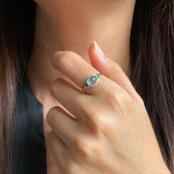 Jade Ring Natural Untreated Jadeite 18K Gold Ring - Authentic High Translucent Fine Jadeite Type A Sea Blue Icy Cabochon Jade Ring