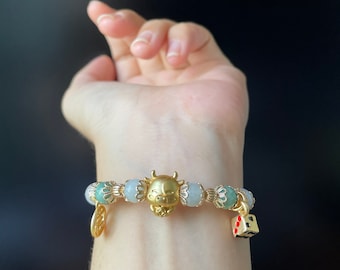 Jade bracelet Zodiac Signs with Natural Jadeite beads & Multi Charms - gold color plated adjustable bracelet Perfect Gift