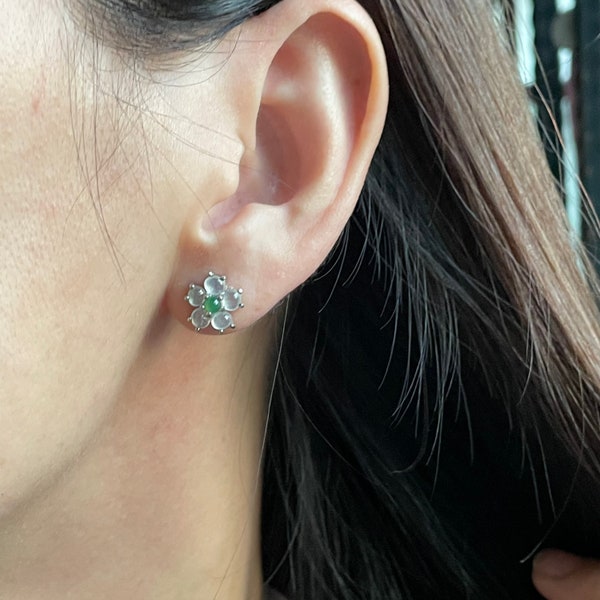 Icy Jadeite Earrings - MYANMAR Grade A Natural Icy colorless Jadeite 925 silver stud earrings Jade Earrings Jade Cabochon Earrings