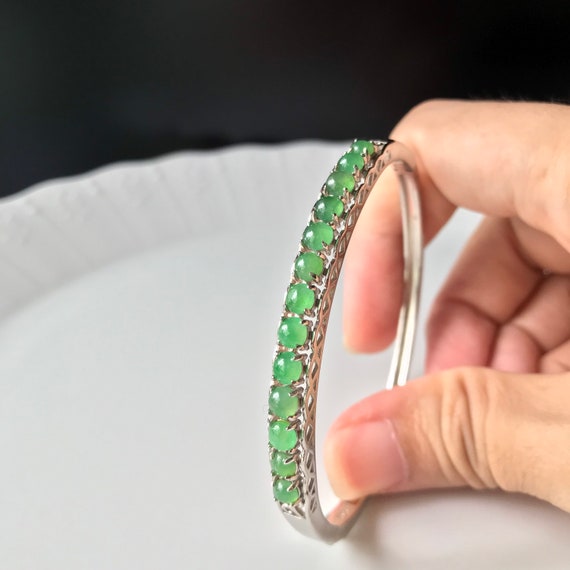 Jade Bangle Untreated Jadeite Cabochons Bangle  - Natural Type A Translucent Green Jadeite Cabochons with 925 Silver Hinged Bangle