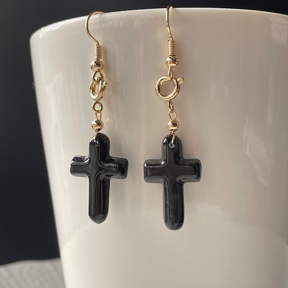 Natural Jade Earrings - Untreated Authentic Black Jadeite cross sign wire hook earrings Black jade opaque