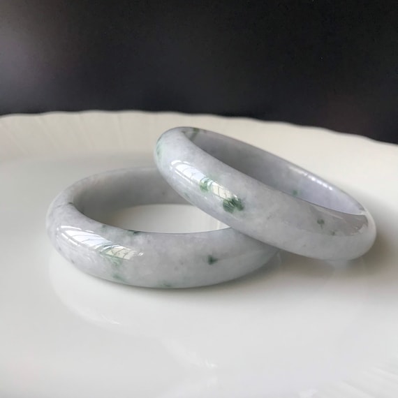 Lavender Jade Bangle - Pale Yam with Dark Green Spots Grade A Burmese Jadeite 56.8mm Natural Jade Bangle