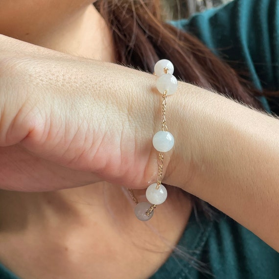 14K plated Natural Jade White Bead Chain Bracelet - 100% Natural Grade A Burma Jadeite Translucent White Beautiful Burmese Gems Bracelet