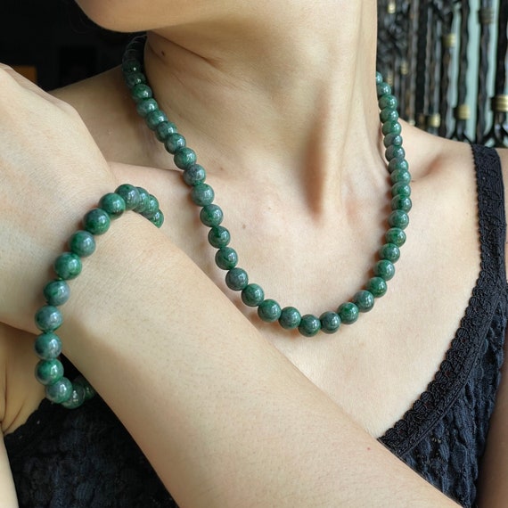 JG Gift Set Jade Bead Necklace Bracelet Set - Genuine Authentic Natural Myanmar Jadeite Jade Grade A 9mm Beautiful Dark Green bead