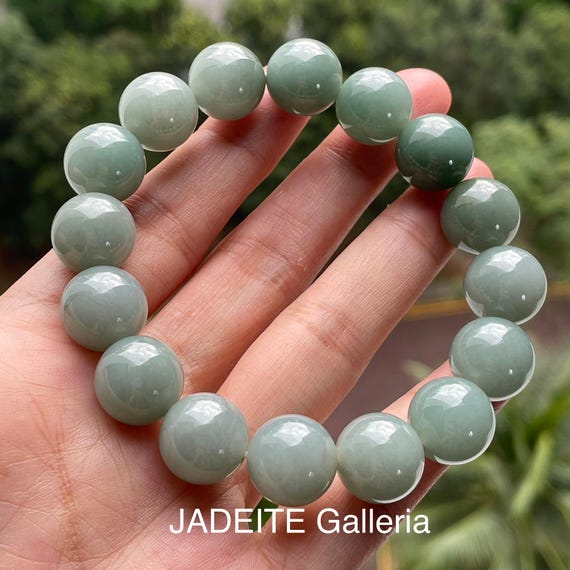 Green Jade bead bracelet 13mm - Natural Type A Genuine Burmese Jadeite 13mm Bead Bracelet Jade Bracelet 18cm inner circumference