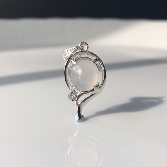 Jade Pendant Burmese White Jadeite Pendant - Natural Jade Cabochon (Type A) with 925 silver and cubic zirconia
