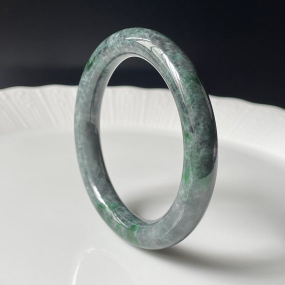 55mm Jadeite Jade Bangle - Genuine Type A Burmese Jadeite Jade Grey mixed with Unique Spicy Green