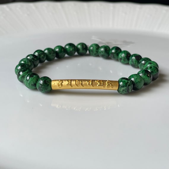 Jade Bracelet 7mm Bead Natural Jade Authentic Burmese Jadeite Bracelet with 999 Gold Bar Tube
