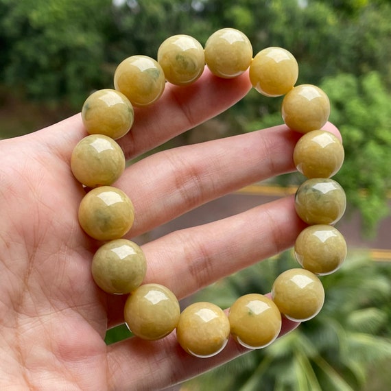 Jadeite Men’s Bracelet 13-14mm beads - Authentic Natural Burmese Jadeite Jade Type A Translucent Rare Flax Yellow
