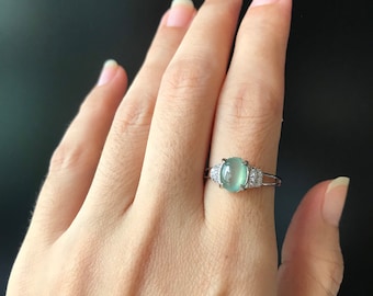 TRANSLUCENT Natural ICY Green Jade Adjustable Ring - Type A High Grade Jadeite Cabochon with 925 Silver