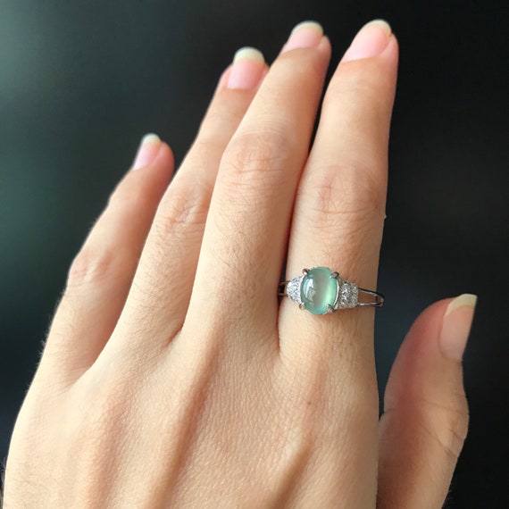 TRANSLUCENT Natural ICY Green Jade Adjustable Ring - Type A High Grade Jadeite Cabochon with 925 Silver