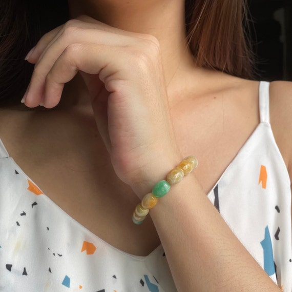 Jadeite Bead Bracelet 8mm Natural Myanmar Jade Authentic Translucent Yellow Green Burmese Jade Drum Beads Bracelet