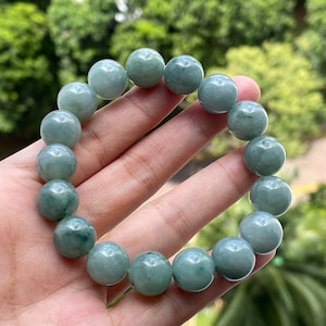 Jade bracelet - MYANMAR JADEITE Untreated Jadeite 12mm beads unisex wearable- Natural Type A Bluish Green Authentic Burmese Jade Bracelet
