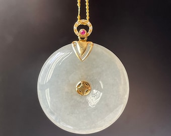 Jade Donut Pendant -  Authentic  Myanmar Type A Translucent White Jadeite 18K Solid Yellow Gold with mini diamonds Jade Pendant