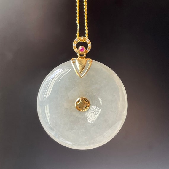 Jade Donut Pendant -  Authentic  Myanmar Type A Translucent White Jadeite 18K Solid Yellow Gold with mini diamonds Jade Pendant